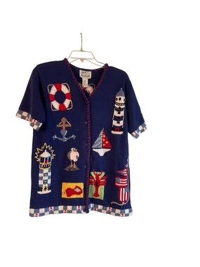 NWT The Quacker Factory vintage blue nautical theme cardigan sweater Size 8